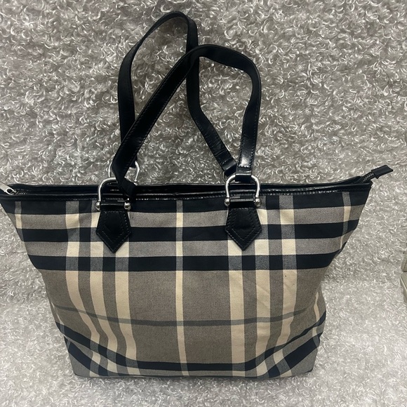 Burberry canvas megacheck tote with leather trim Black White Grey - Picture 1 of 16